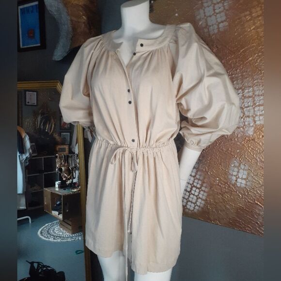 Zara Beige 100% Cotton Puff Sleeve Button-Down Mini Dress - Picture 13 of 13